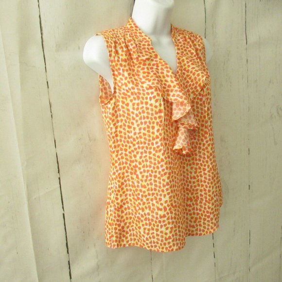 Ann Taylor Top XS Petite Orange Yellow Print Ruffle Sleeveless V Neck - Picture 3 of 6